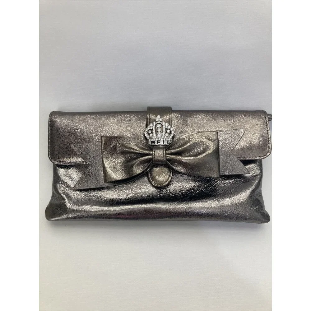 Metallic Pewter Bow Clutch with Jeweled Crown Accent